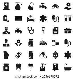 Flat vector icon set - water tap vector, liquid soap, house hold, pills vial, buttocks, heart monitor, doctor bag, ambulance star, crutches, stethoscope, bottle, anamnesis, hospital bed, building