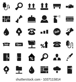 Flat vector icon set - water drop vector, welcome mat, sprayer, percent growth, consolidated cargo, top sign, sorting, classic phone, magnifier, dropper, broken bone, counter, network folder, bench