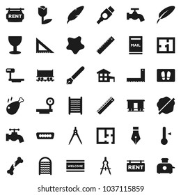 Flat vector icon set - water tap vector, splotch, welcome mat, washboard, thermometer, chicken leg, pen, corner ruler, drawing compass, Railway carriage, glass, tulip, big scales, hdmi, broken bone