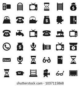 Flat vector icon set - water tap vector, washboard, kettle, glasses, abacus, money bag, sand clock, phone, tv, video camera, microphone, classic, fridge, closed, kitchen scales, sewing machine