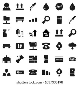 Flat vector icon set - water drop vector, welcome mat, sprayer, percent growth, consolidated cargo, top sign, sorting, classic phone, magnifier, dropper, broken bone, counter, network folder, bench