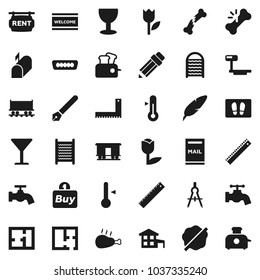 Flat vector icon set - water tap vector, splotch, welcome mat, washboard, thermometer, chicken leg, pen, pencil, corner ruler, drawing compass, Railway carriage, glass, tulip, big scales, hdmi, plan