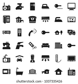 Flat vector icon set - water tap vector, iron, steaming, bath, sink, tv, key, house, cottage, chalet, garage, apartments, office building, cushioned furniture, relocation truck, password, fridge