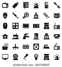 Flat vector icon set - water tap vector, vacuum cleaner, iron, sink, skimmer, oven, double boiler, tv, estate document, sold signboard, search, fireplace, building, siren, monitor, epilator, blender
