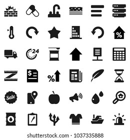 Flat vector icon set - water tap vector, thermometer, pen, percent growth, annual report, calculator, arrow up, diet, measuring, t shirt, pills, sports nutrition, breads, traking, ship, delivery