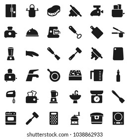 Flat vector icon set - water tap vector, sponge, sink, pan, measuring cup, apron, cook glove, press, whisk, spatula, rolling pin, meat hammer, cutting board, hand mill, grater, toaster, dish, oil