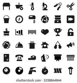 Flat vector icon set - water tap vector, bucket, window cleaning, steaming, double boiler, thermometer, dish, pasta, compass, award cup, scissors, graph, pie, bank building, presentation board, hub