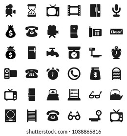 Flat vector icon set - water tap vector, washboard, kettle, glasses, alarm clock, abacus, money bag, phone, big scales, film frame, tv, video camera, microphone, classic, sand, fridge, closed