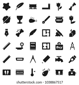 Flat vector icon set - water tap vector, splotch, welcome mat, rolling pin, thermometer, chicken leg, pen, pencil, corner ruler, drawing compass, Railway carriage, glass, tulip, big scales, hdmi