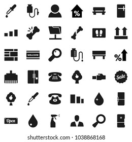 Flat vector icon set - water drop vector, welcome mat, sprayer, percent growth, consolidated cargo, top sign, sorting, classic phone, magnifier, dropper, broken bone, counter, network folder, bench