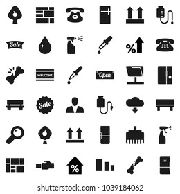 Flat vector icon set - water drop vector, welcome mat, sprayer, percent growth, consolidated cargo, top sign, sorting, classic phone, magnifier, dropper, broken bone, counter, network folder, bench