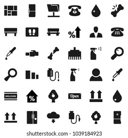 Flat vector icon set - water drop vector, welcome mat, sprayer, percent growth, consolidated cargo, top sign, sorting, classic phone, magnifier, dropper, broken bone, counter, network folder, bench