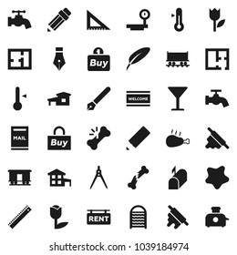 Flat vector icon set - water tap vector, splotch, welcome mat, washboard, rolling pin, thermometer, chicken leg, pen, pencil, corner ruler, drawing compass, Railway carriage, glass, tulip, cottage