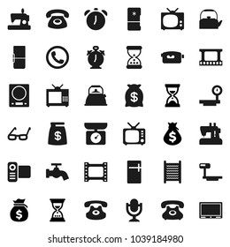 Flat vector icon set - water tap vector, washboard, kettle, glasses, alarm clock, money bag, sand, phone, big scales, film frame, tv, video camera, microphone, classic, fridge, kitchen