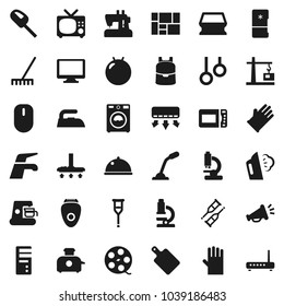 Flat vector icon set - water tap vector, vacuum cleaner, rake, sponge, iron, steaming, washer, rubber glove, cutting board, dish, backpack, microscope, fitball, gymnast rings, consolidated cargo, tv