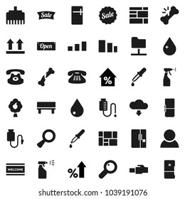 Flat vector icon set - water drop vector, welcome mat, sprayer, percent growth, consolidated cargo, top sign, sorting, classic phone, magnifier, dropper, broken bone, counter, network folder, bench
