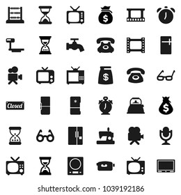 Flat vector icon set - water tap vector, kettle, glasses, alarm clock, abacus, money bag, sand, phone, big scales, film frame, tv, video camera, microphone, fridge, closed, kitchen, sewing machine