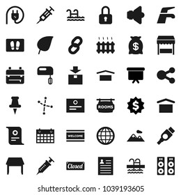 Flat vector icon set - water tap vector, welcome mat, backpack, certificate, personal information, leaf, constellation, presentation board, dollar medal, calendar, pool, dry cargo, package, speaker