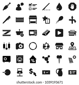 Flat vector icon set - water drop vector, microwave oven, jug, pen, molecule, exam, gold ingot, japanese candle, percent growth, safe, dollar cursor, measuring, hoop, route, navigator, sea container