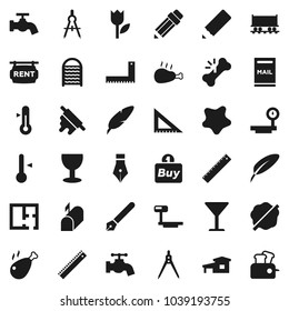 Flat vector icon set - water tap vector, splotch, washboard, rolling pin, thermometer, chicken leg, pen, pencil, corner ruler, drawing compass, Railway carriage, glass, tulip, big scales, cottage