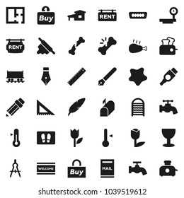 Flat vector icon set - water tap vector, splotch, welcome mat, washboard, rolling pin, thermometer, chicken leg, pen, pencil, corner ruler, drawing compass, Railway carriage, glass, tulip, hdmi, buy
