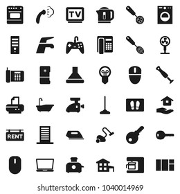 Flat vector icon set - water tap vector, vacuum cleaner, mop, welcome mat, steaming, bath, house hold, skimmer, tv, cottage, rent signboard, key, building, password, iron, washer, fridge, hood, oven