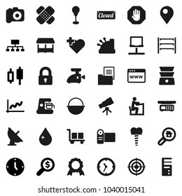 Flat vector icon set - water drop vector, camping cauldron, double boiler, student, telescope, medal, graph, japanese candle, money search, clock, hierarchy, punching bag, target, heart cross, cargo