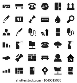 Flat vector icon set - water drop vector, welcome mat, sprayer, percent growth, consolidated cargo, top sign, sorting, classic phone, magnifier, dropper, broken bone, counter, network folder, bench