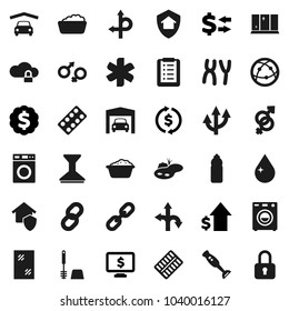 Flat vector icon set - water drop vector, car fetlock, window cleaning, toilet brush, washer, foam basin, shining, blender, exchange, dollar growth, medal, monitor, bottle, route, internet, chain