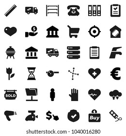 Flat vector icon set - water tap vector, rubber glove, bbq, ruler, clipboard, constellation, bank, investment, target, man, binder, sand clock, dollar cursor, euro sign, heart pulse, phone, tulip
