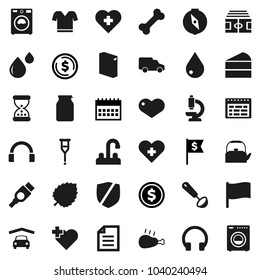 Flat vector icon set - water drop vector, washer, washing powder, tap, kettle, ladle, jar, cake, chicken leg, schedule, compass, document, flag, leaf, dollar coin, calendar, stadium, t shirt, bone