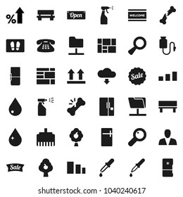 Flat vector icon set - water drop vector, welcome mat, sprayer, percent growth, consolidated cargo, top sign, sorting, classic phone, magnifier, dropper, broken bone, counter, network folder, bench