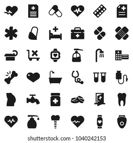 Flat vector icon set - water tap vector, liquid soap, heart pulse, buttocks, pills, monitor, no trolley, doctor bag, ambulance star, vial, broken bone, patch, stethoscope, bottle, blister, anamnesis
