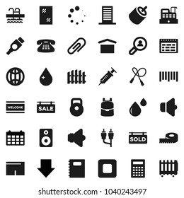 Flat vector icon set - water drop vector, window cleaning, welcome mat, copybook, backpack, calculator, schedule, arrow down, calendar, measuring, weight, jump rope, shorts, pool, dry cargo, barcode