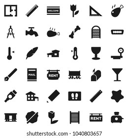 Flat vector icon set - water tap vector, splotch, welcome mat, washboard, thermometer, chicken leg, pen, pencil, corner ruler, drawing compass, Railway carriage, glass, tulip, big scales, hdmi, plan