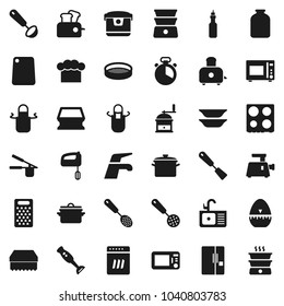 Flat vector icon set - water tap vector, sponge, sink, pan, cook hat, apron, timer, press, skimmer, spatula, ladle, cutting board, hand mill, grater, toaster, microwave oven, double boiler, blender