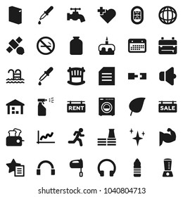 Flat vector icon set - water tap vector, shining, washing powder, sprayer, mixer, jar, cake, backpack, world, document, leaf, graph, muscule hand, bottle, pool, no smoking, heart cross, run, stadium