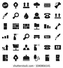 Flat vector icon set - water drop vector, welcome mat, sprayer, percent growth, consolidated cargo, top sign, sorting, classic phone, magnifier, dropper, broken bone, counter, network folder, bench