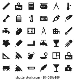 Flat vector icon set - water tap vector, splotch, washboard, rolling pin, thermometer, chicken leg, pen, pencil, corner ruler, drawing compass, Railway carriage, glass, big scales, hdmi, broken bone