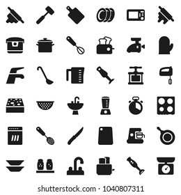 Flat vector icon set - water tap vector, sponge, sink, pan, colander, measuring cup, cook glove, timer, press, whisk, skimmer, ladle, knife, rolling pin, meat hammer, cutting board, toaster, oven