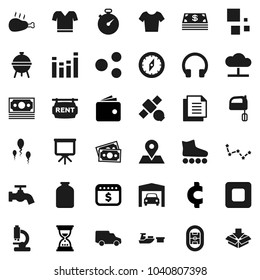 Flat vector icon set - water tap vector, mixer, bbq, jar, chicken leg, compass, presentation, constellation, wallet, sand clock, dollar calendar, cent sign, stopwatch, t shirt, roller Skates, money