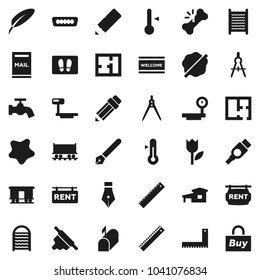 Flat vector icon set - water tap vector, splotch, welcome mat, washboard, rolling pin, thermometer, pen, pencil, corner ruler, drawing compass, Railway carriage, tulip, big scales, hdmi, broken bone