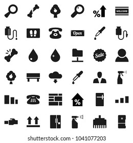 Flat vector icon set - water drop vector, welcome mat, sprayer, percent growth, consolidated cargo, top sign, sorting, classic phone, magnifier, dropper, broken bone, counter, network folder, bench