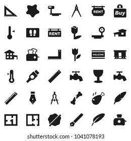 Flat vector icon set - water tap vector, splotch, welcome mat, thermometer, chicken leg, pen, corner ruler, drawing compass, glass, tulip, big scales, Railway carriage, hdmi, broken bone, cottage