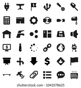 Flat vector icon set - water tap vector, window cleaning, skimmer, mixer, bbq, flag, arrow down, presentation board, dollar, tie, monitor, sign, shorts, skateboard, route, earth, warehouse, weight