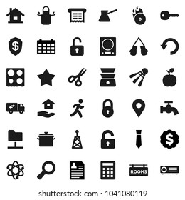 Flat vector icon set - water tap vector, house hold, pan, apron, turk coffee, oven, double boiler, apple fruit, atom, scissors, magnifier, dollar medal, personal information, tie, calendar, run, key
