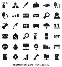 Flat vector icon set - water drop vector, welcome mat, sprayer, percent growth, top sign, sorting, classic phone, magnifier, dropper, broken bone, counter, network folder, lan connector, bench, sale