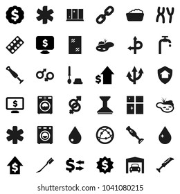 Flat vector icon set - water drop vector, car fetlock, window cleaning, toilet brush, washer, foam basin, shining, blender, exchange, dollar growth, medal, monitor, route, internet, ambulance star