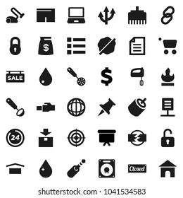 Flat vector icon set - water drop vector, splotch, skimmer, ladle, world, document, presentation board, dollar sign, shorts, target, dry cargo, package, flammable, link, thumbtack, rca, jack, lock