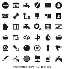 Flat vector icon set - water tap vector, drying clothes, foam basin, cleaning agent, shining window, cook glove, timer, ladle, hand mill, sieve, laptop graph, personal information, dollar calendar